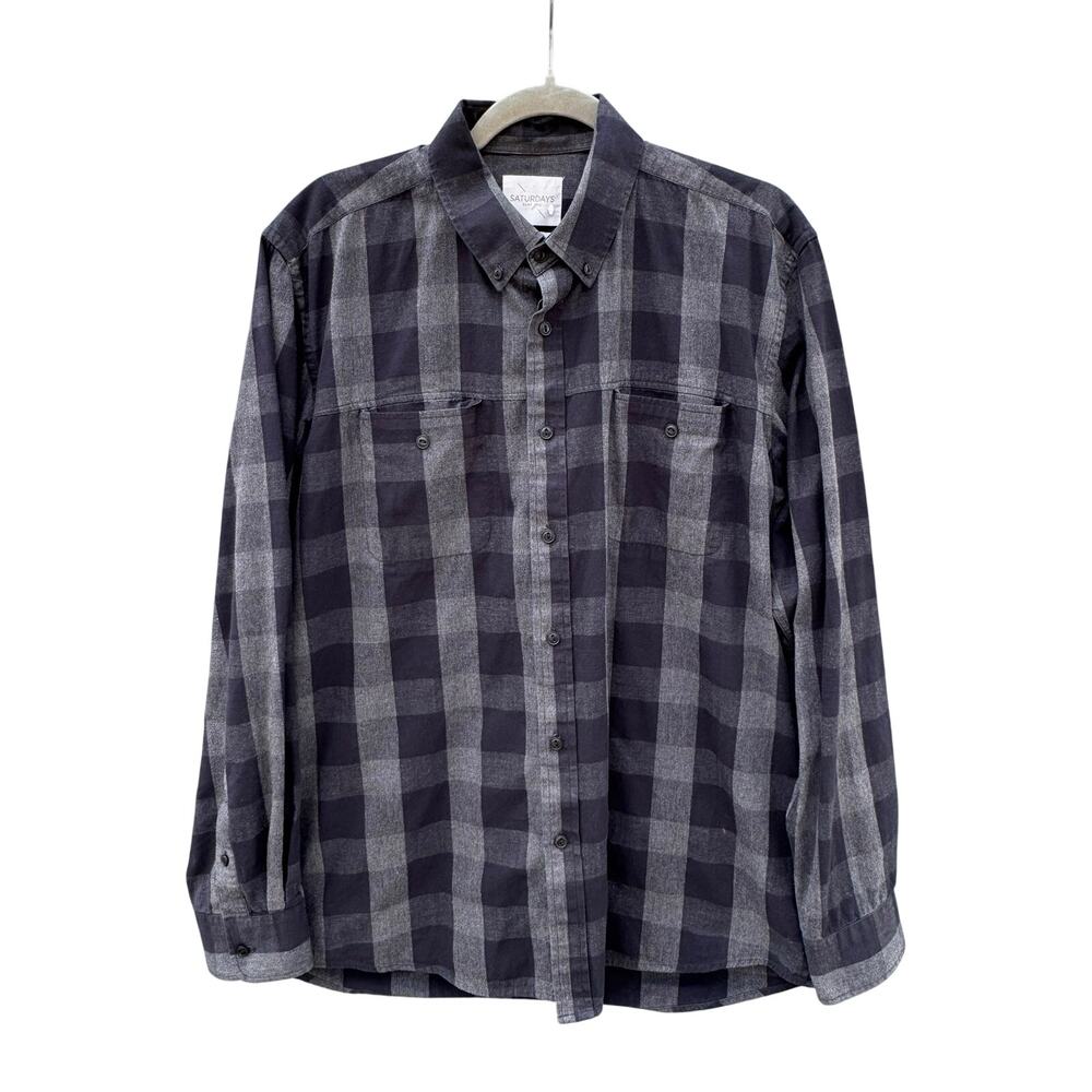 SATURDAYS NYC Woven Checkerboard Plaid Shirt in Gray XL Extra Large